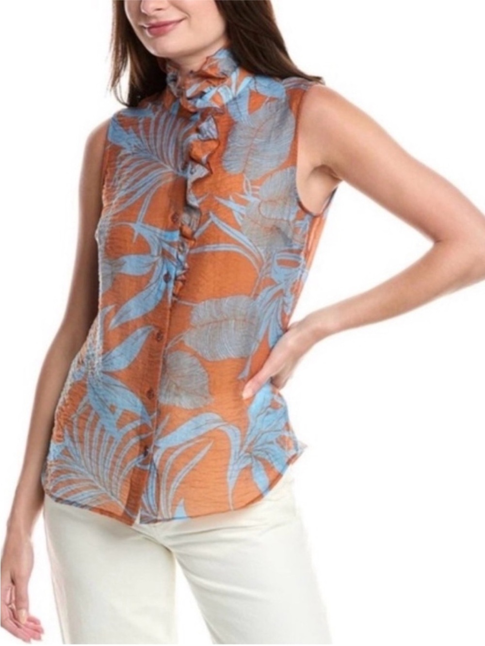 Cabi Spring 2024 Tropical
Sleeveless Ruffled Top Size Small
#6525 Blue Orange